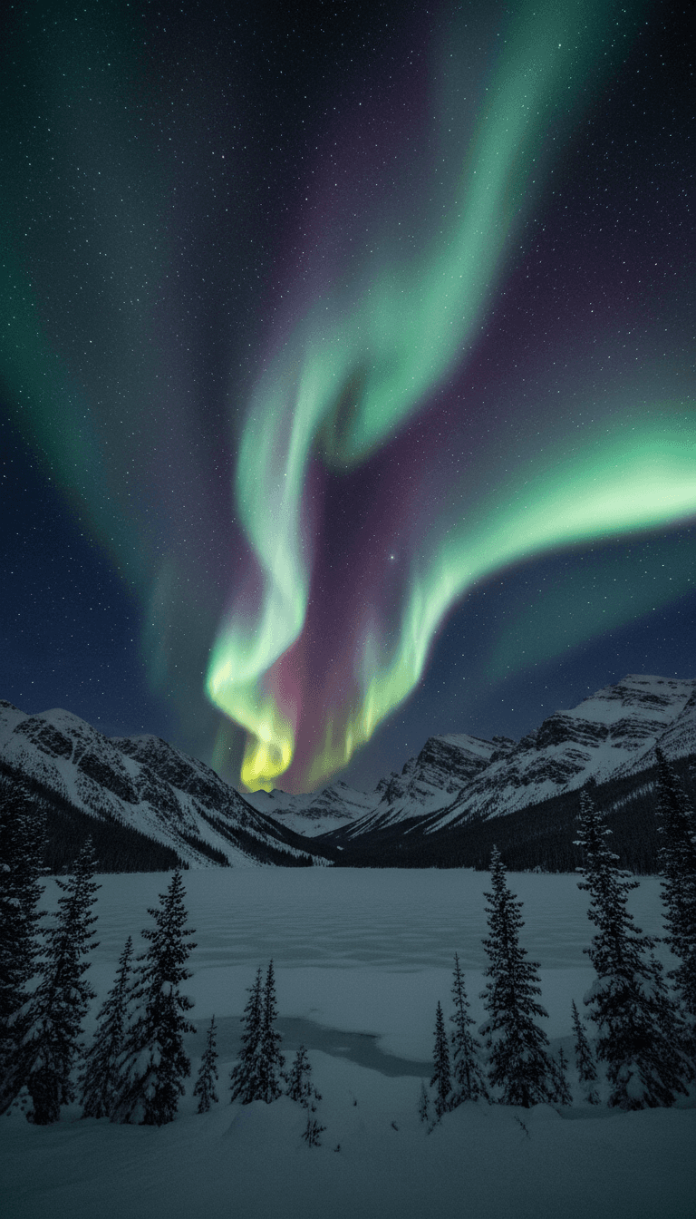 별이 빛나는 밤하늘 아래 고요한 설원 위로 춤추는 아름다운 오로라, 북극광 배경화면.