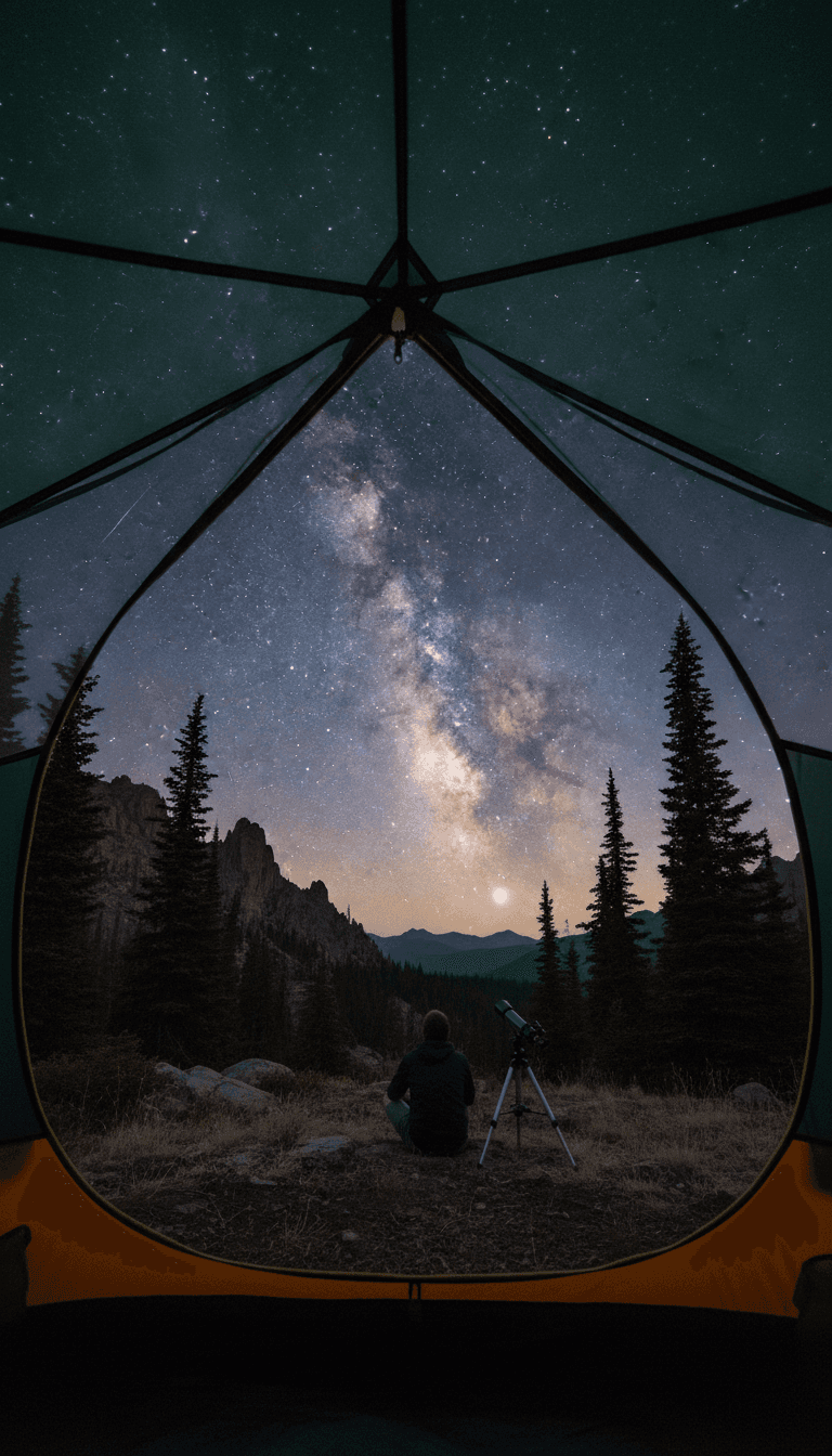 국립공원 텐트에서 별을 바라보는 고요한 풍경, 눈부신 밤하늘 아래 나무들의 실루엣이 평온하고 감동적인 모험 배경화면.
