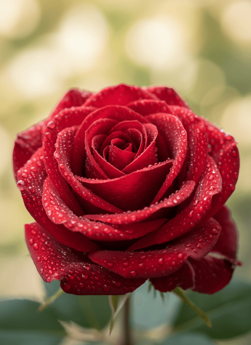 완벽한 꽃잎과 부드러운 확산광, 크리미한 보케 배경을 가진 생기 넘치는 이슬 맺힌 장미 한 송이의 정교한 고화질 매크로 배경화면.
