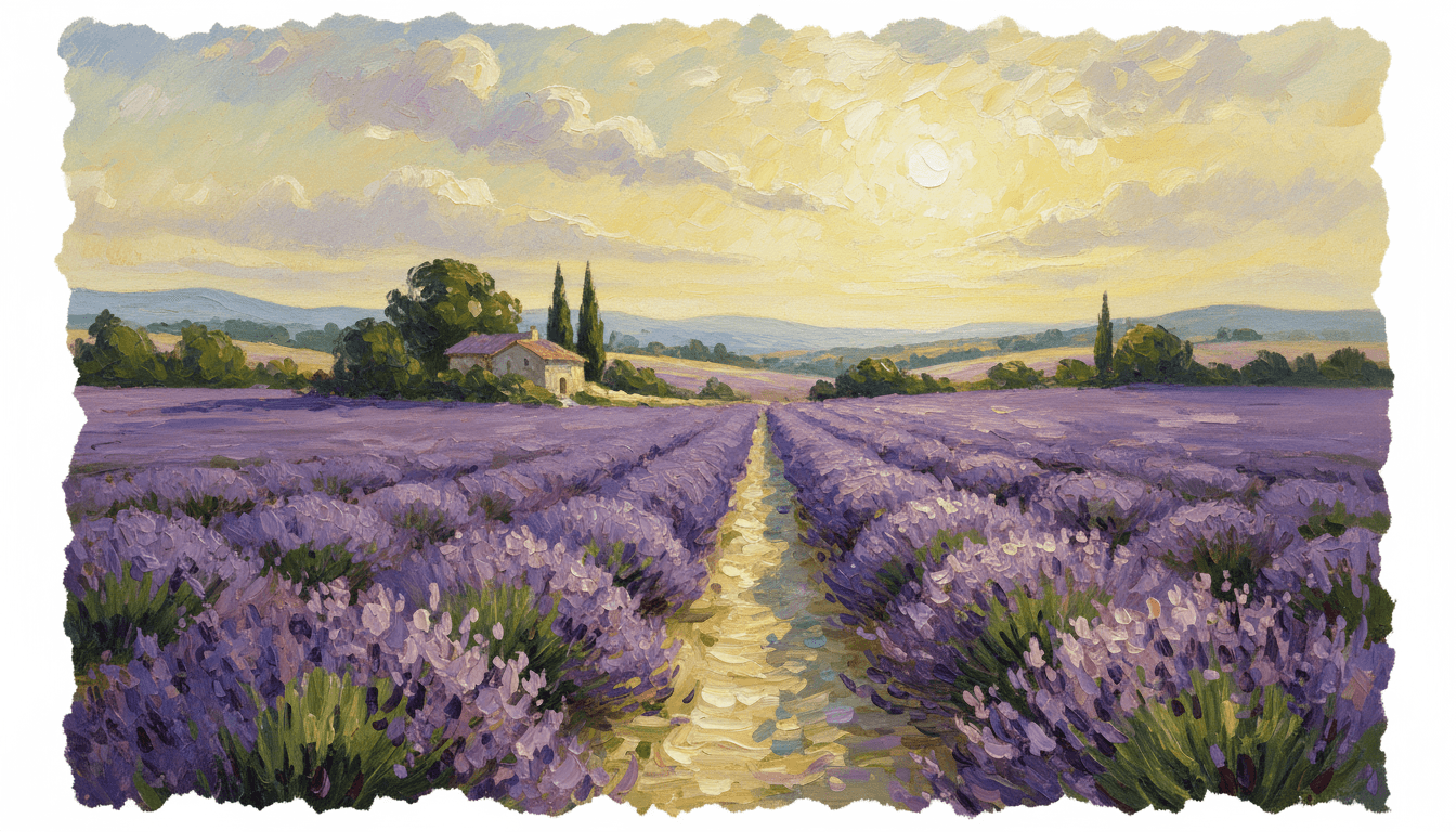 햇살 가득한 라벤더 밭을 묘사한 아름다운 고해상도 인상주의 그림 배경화면, 생생한 보라색과 초록색, 부드러운 붓놀림.