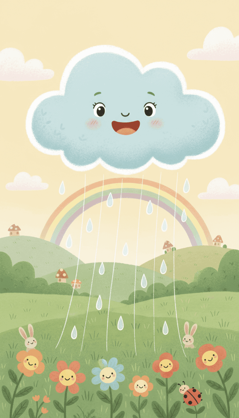 푸른 들판에 부드럽게 비를 뿌리는 친근한 비구름을 묘사한 어린이 그림책 일러스트레이션.