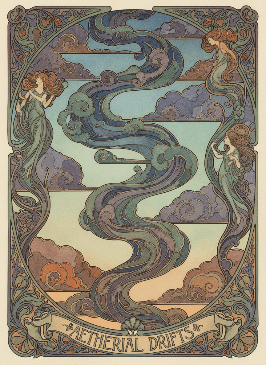 아르누보에서 영감을 받은 일러스트레이션으로, 우아한 곡선과 차분한 보석 톤의 유려한 구름 패턴을 특징으로 합니다.
