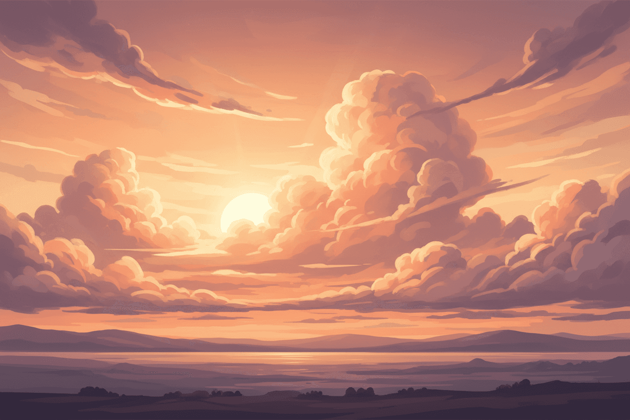 주황색, 분홍색, 노란색의 따뜻한 팔레트와 겹겹이 쌓인 역동적인 형태를 가진 일몰 구름 일러스트레이션, 평화롭고 아름답습니다.