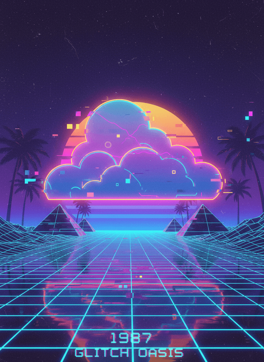 네온 윤곽선과 글리치 효과가 있는 베이퍼웨이브 미학 구름 일러스트.