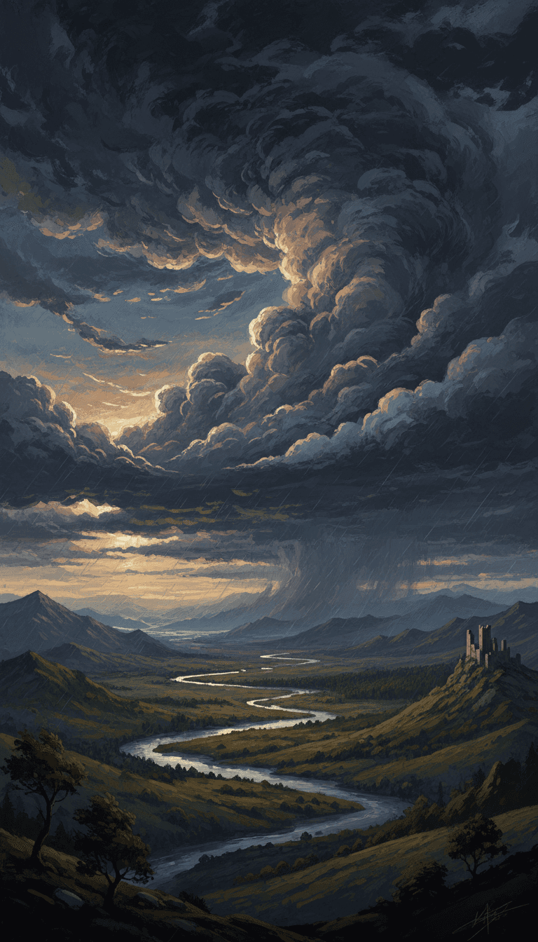 넓은 풍경 위로 드라마틱한 먹구름이 형성되는 모습을 담은 과슈 일러스트레이션으로, 우울한 분위기를 연출합니다.