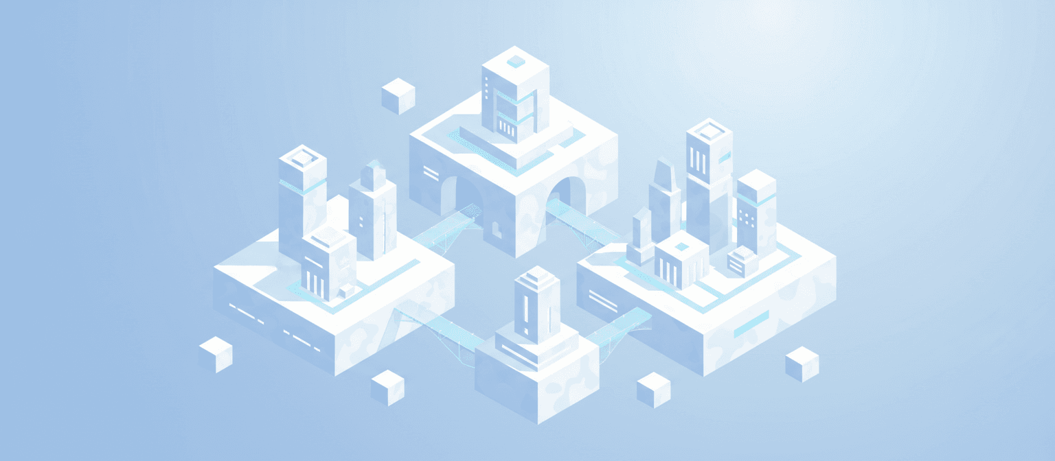 정육면체 모양의 아이소메트릭 구름 일러스트레이션, 건축 양식, 3D 효과, 밝고 깨끗함.