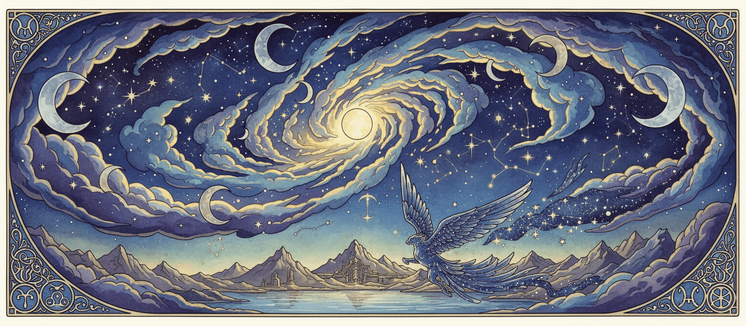 별, 달, 별자리와 엮인 천상의 구름 일러스트 (밤하늘 장면).