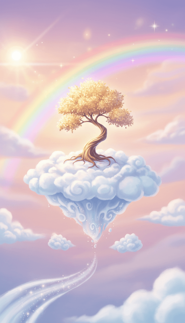 작은 나무가 있는 구름으로 만들어진 작은 떠다니는 섬 일러스트레이션, 동화 콘셉트 아트.