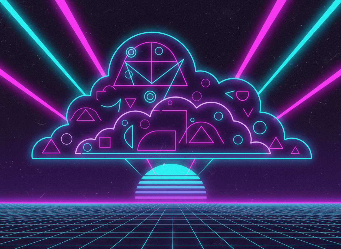 네온 빛 윤곽선과 기하학적 형태를 가진 레트로 80년대 미학 구름 일러스트레이션, 신스웨이브에서 영감을 받은 보라색과 파란색 팔레트.