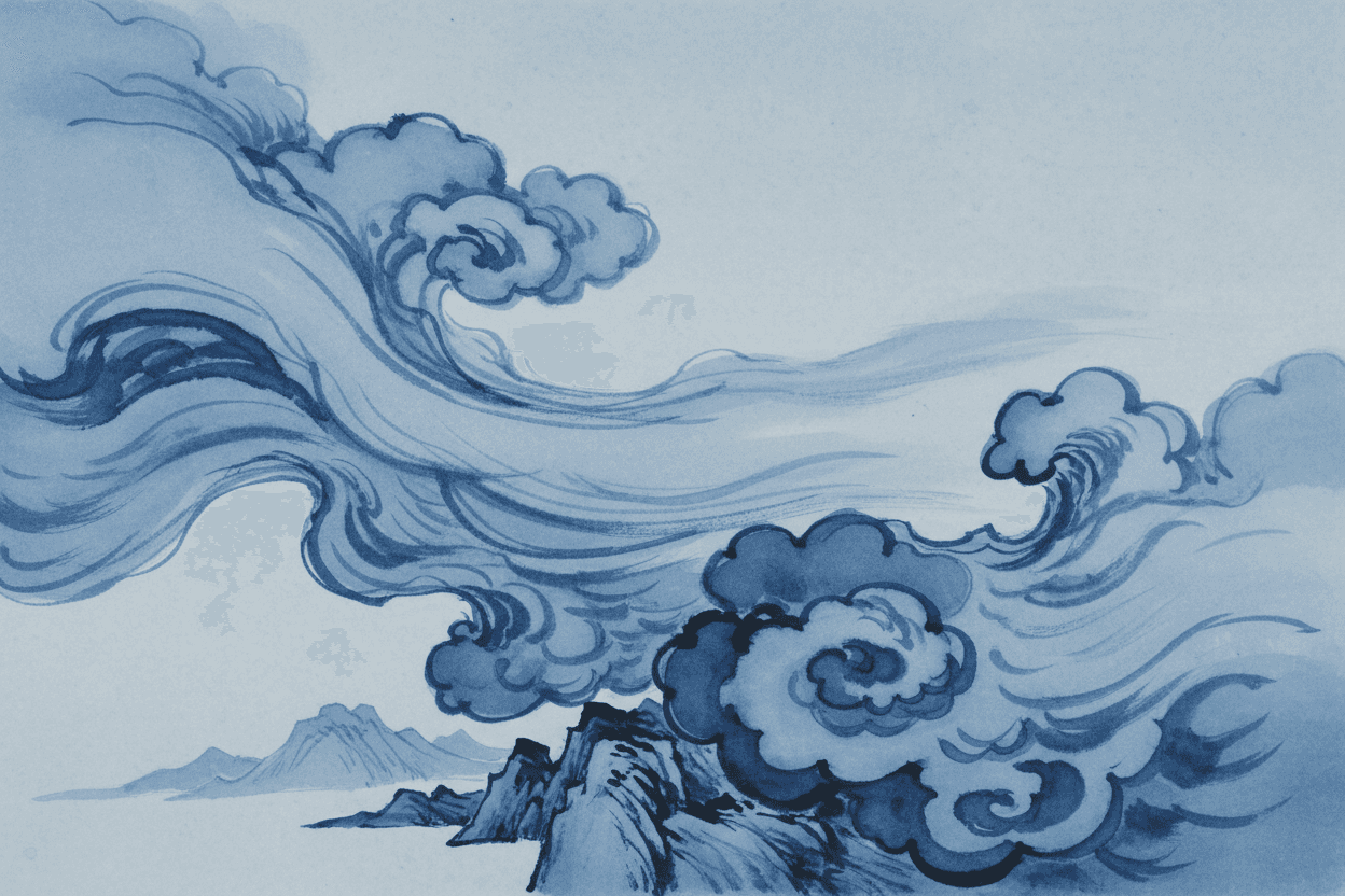 단색 파란색 수묵화 스타일 구름 일러스트레이션, 표현력 있는 붓놀림, 전통 아시아 예술 느낌.