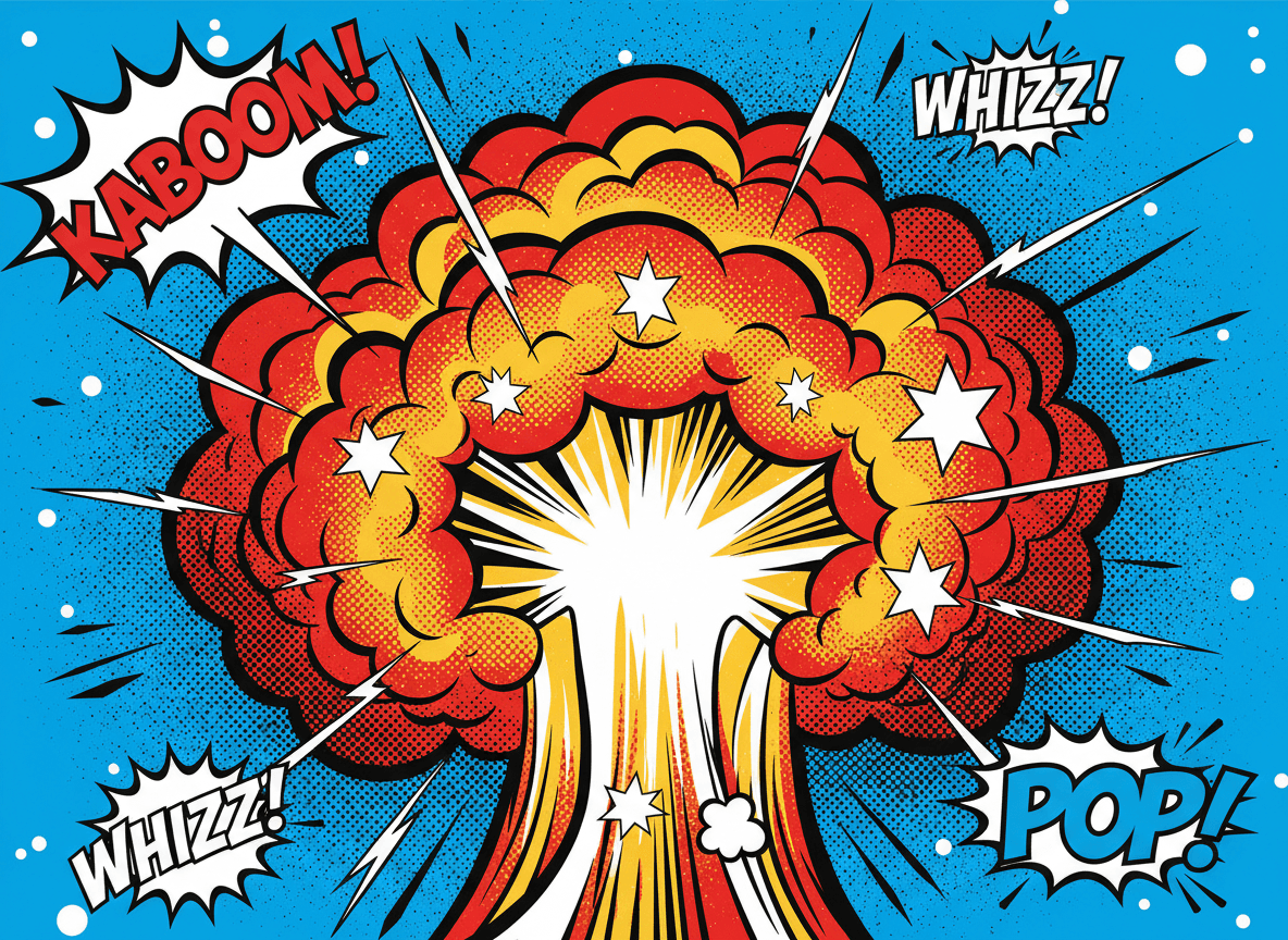 하프톤 점과 역동적인 선이 있는 만화책 스타일 폭발 구름의 팝아트 일러스트레이션.