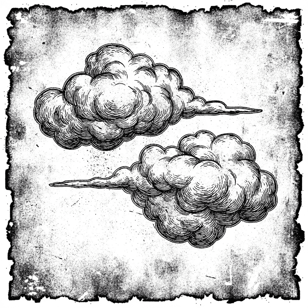 거칠고 질감 있는 검정색과 흰색 구름 그런지 일러스트.