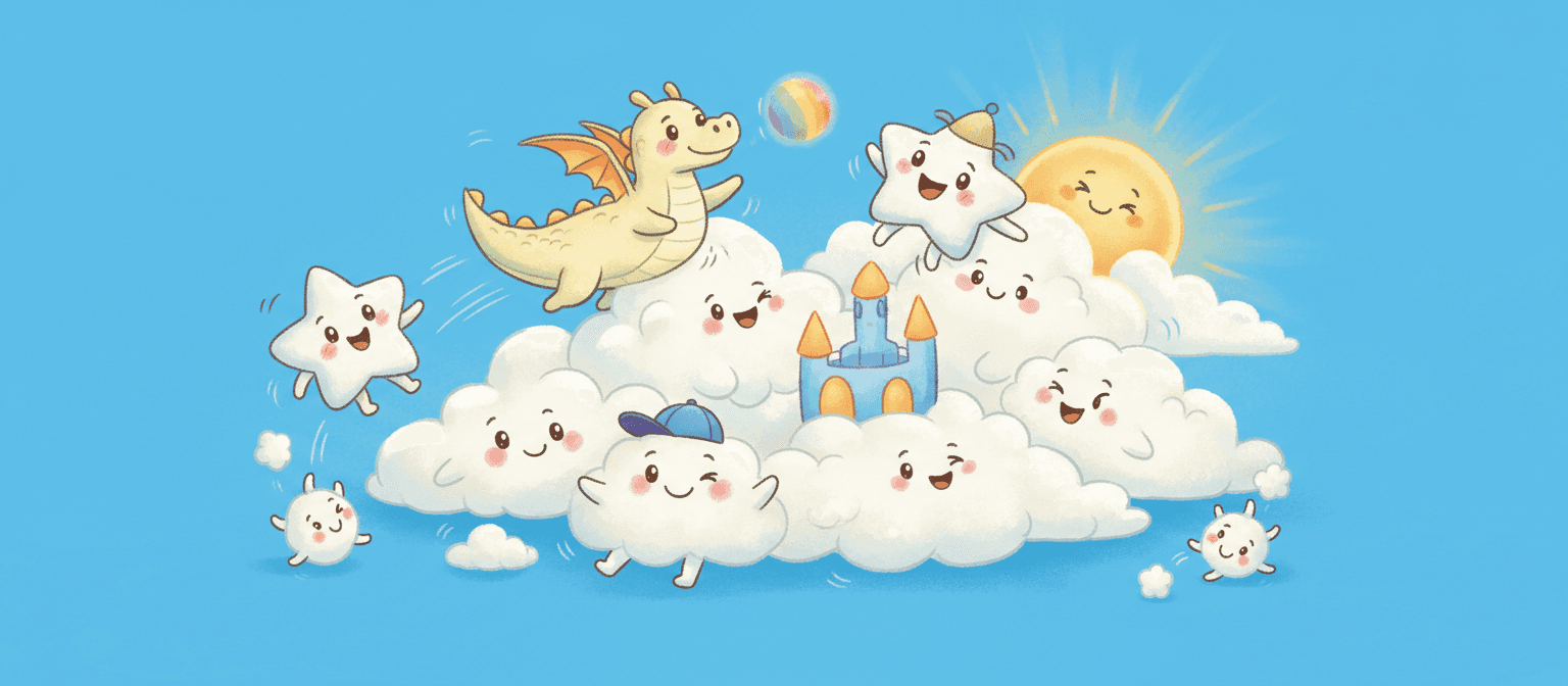 밝은 파란색 하늘에서 함께 놀고 있는 웃는 얼굴의 기발한 만화 구름 일러스트레이션, 아동 도서 스타일.