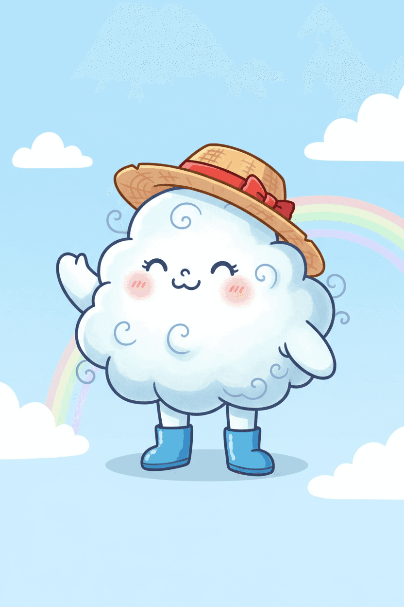 작은 모자와 신발을 착용하고 행복해 보이는 귀여운 털복숭이 구름 캐릭터 일러스트.