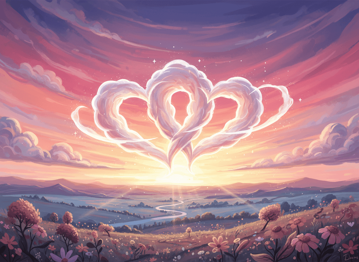 분홍색과 보라색 노을 하늘에 하트 모양의 구름 두 개가 얽혀 있는 로맨틱한 일러스트레이션.