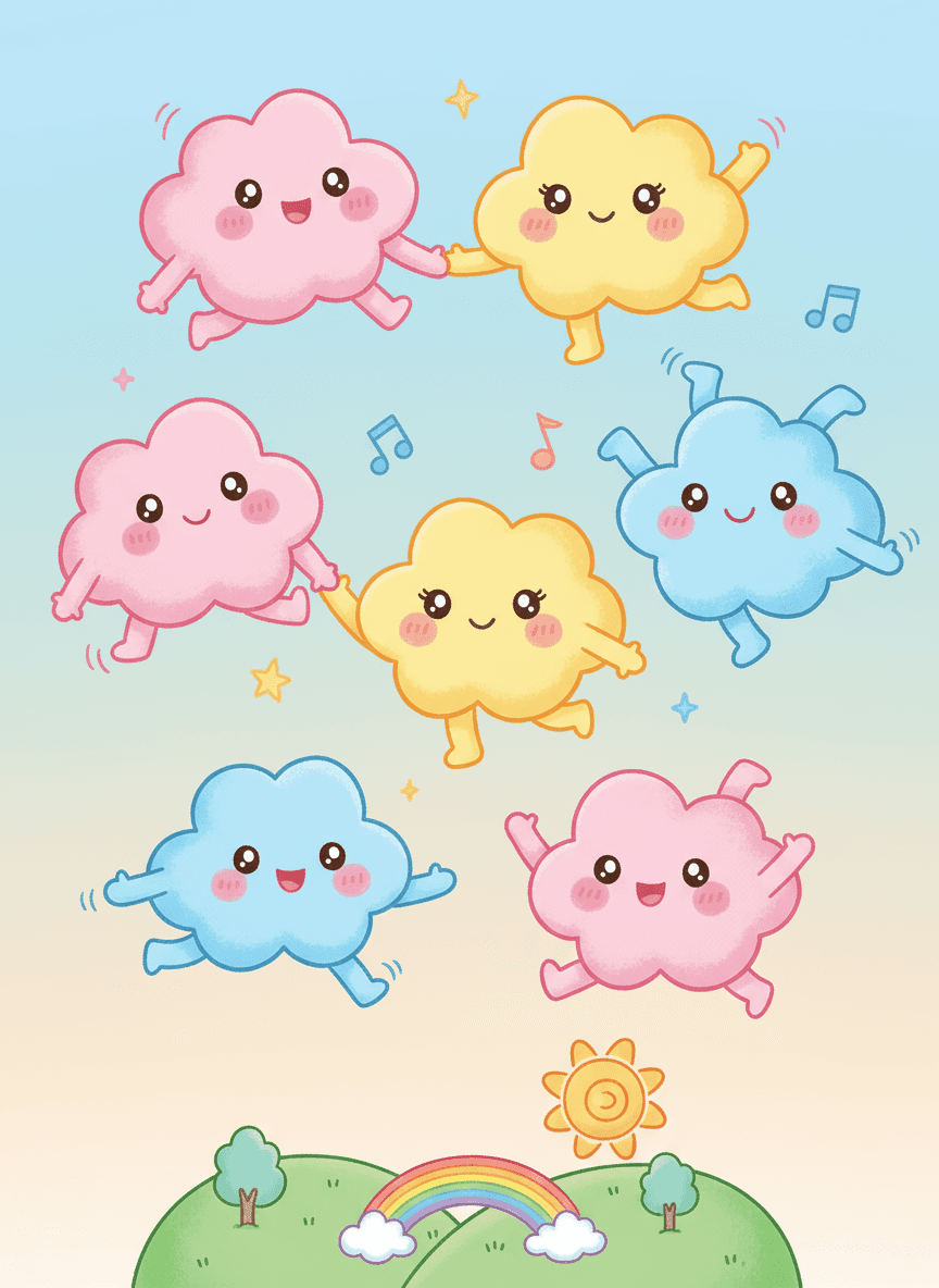 웃으며 행복하게 떠다니는 의인화된 구름의 유쾌한 만화 일러스트.