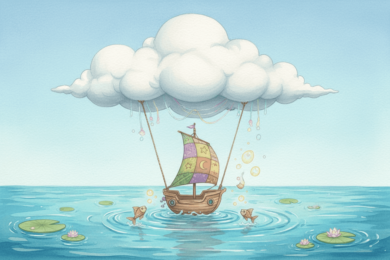 작은 배를 태운 구름 일러스트레이션, 상상력 풍부하고 기발하며, 아래에는 고요한 푸른 바다, 장난기 가득한 판타지.