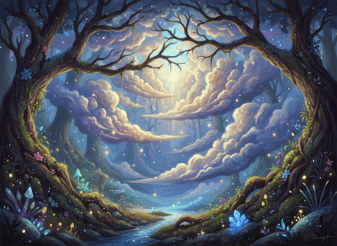 마법에 걸린 숲 일러스트레이션의 일부로서, 나무 가지와 얽히고 마법 같은 빛을 발하는 구름을 묘사한 판타지 아트.