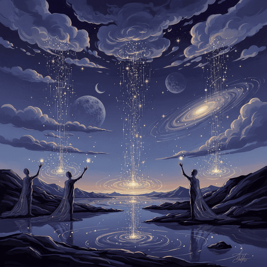 밤하늘을 배경으로 비 대신 별을 쏟아내는 구름을 묘사한 초현실주의 일러스트레이션.