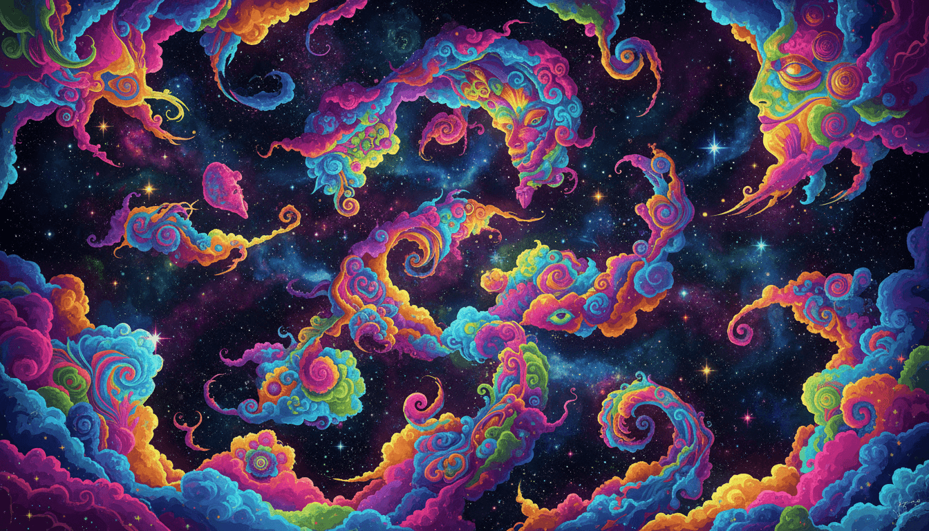 선명한 네온 색상으로 표현된 소용돌이치는 만화경 구름의 사이키델릭 일러스트레이션.