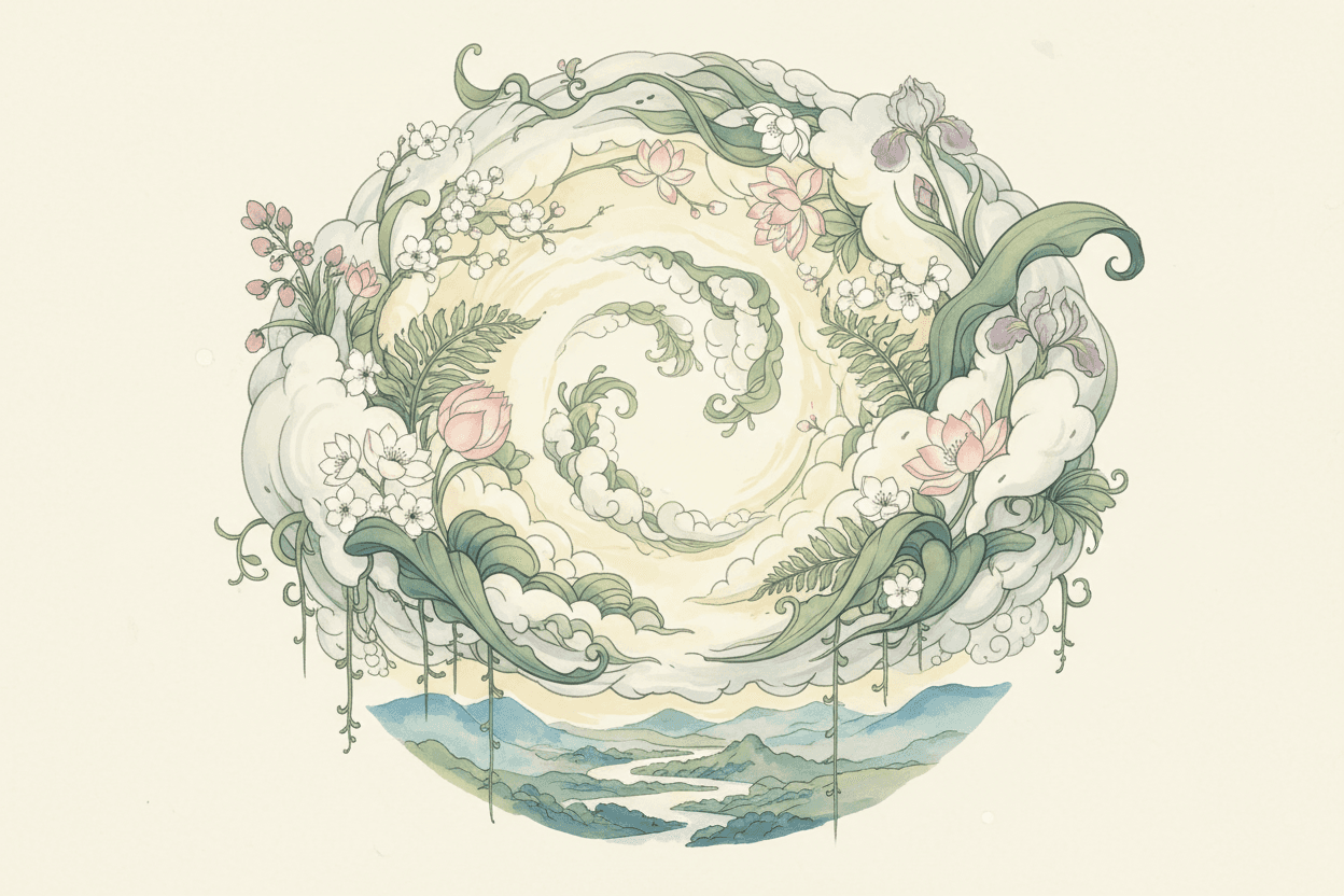 나뭇잎이나 꽃과 통합되어 유기적이고 고요한 조화를 이루는 자연에서 영감을 받은 구름 일러스트.