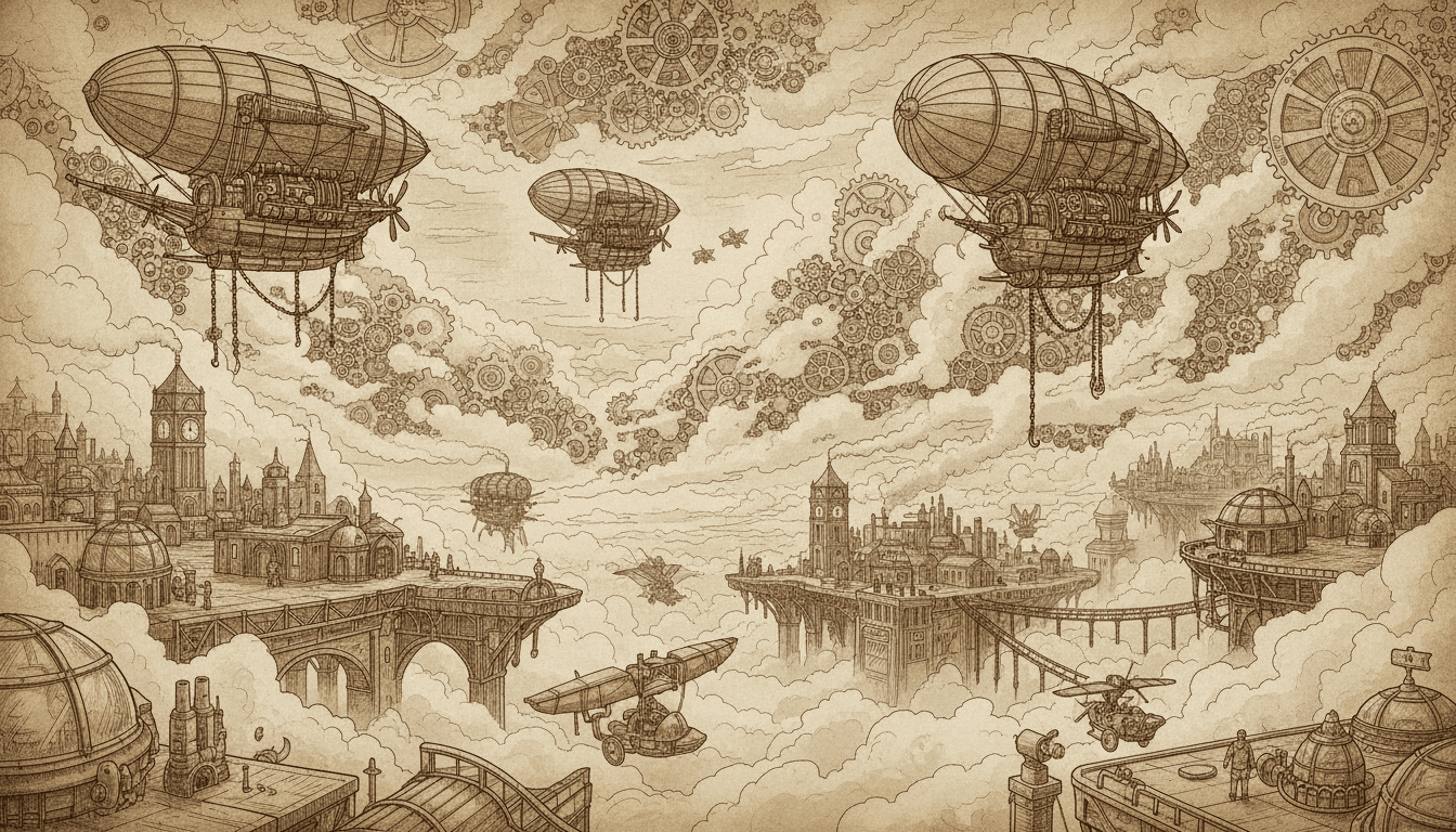 기계식 기어와 비행선이 얽혀 있는 구름을 세피아 톤으로 묘사한 스팀펑크 일러스트레이션.
