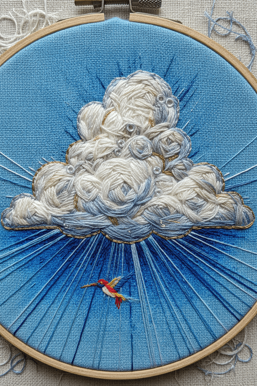 실의 질감이 보이는 구름 자수 아트 스타일 일러스트.