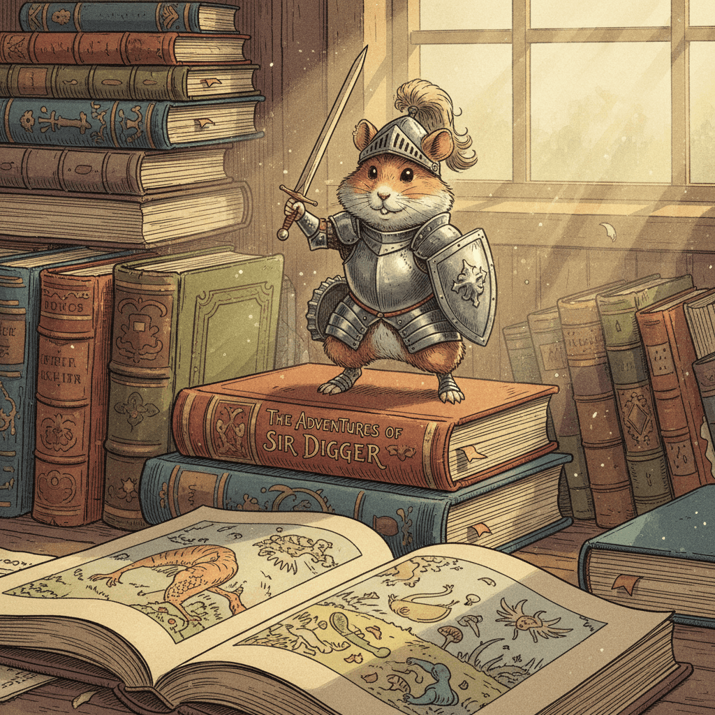 이쑤시개 검을 들고 책 더미 위에 용감하게 서 있는 귀여운 작은 기사 캐릭터 (햄스터).