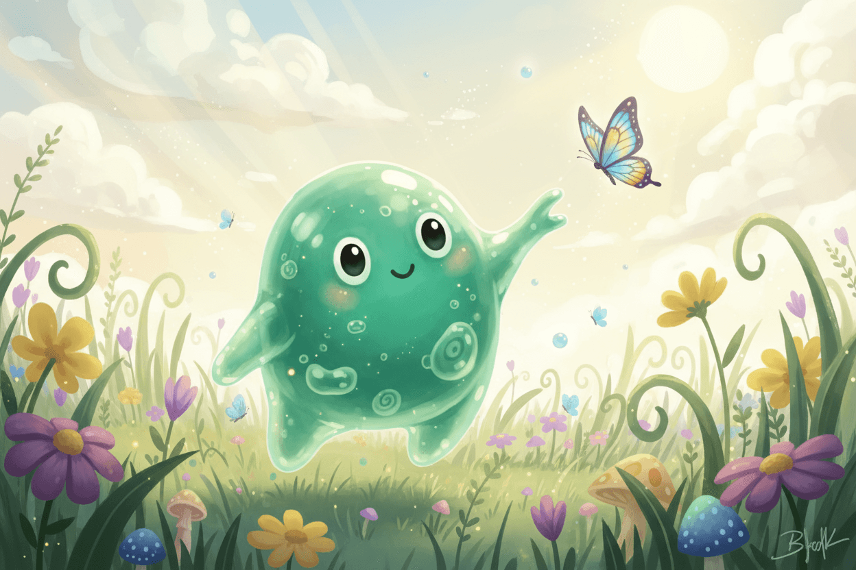 넓고 호기심 어린 눈을 가진 귀여운 녹색 슬라임 괴물 캐릭터가 햇살 좋은 초원에서 나비와 교감하는 모습.
