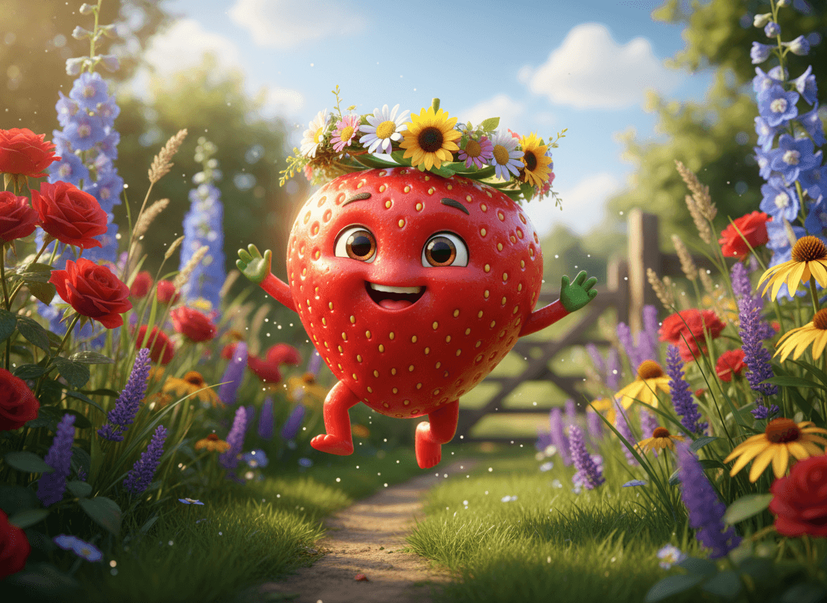 꽃 화관을 쓰고 여름 정원에서 뛰어노는 즐거운 귀여운 딸기 캐릭터, 밝고 신선한 느낌.