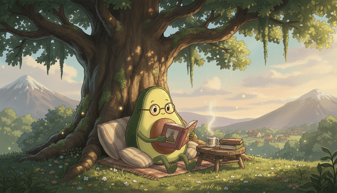 작은 안경을 쓴 귀여운 아보카도 캐릭터가 나무 아래에서 책을 읽고 있는 모습.