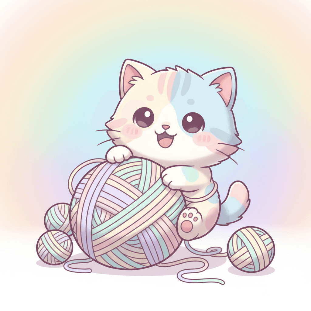 부드러운 파스텔 색상의 만화 스타일로 실타래와 놀고 있는 아주 귀여운 치비 아기 고양이 캐릭터.
