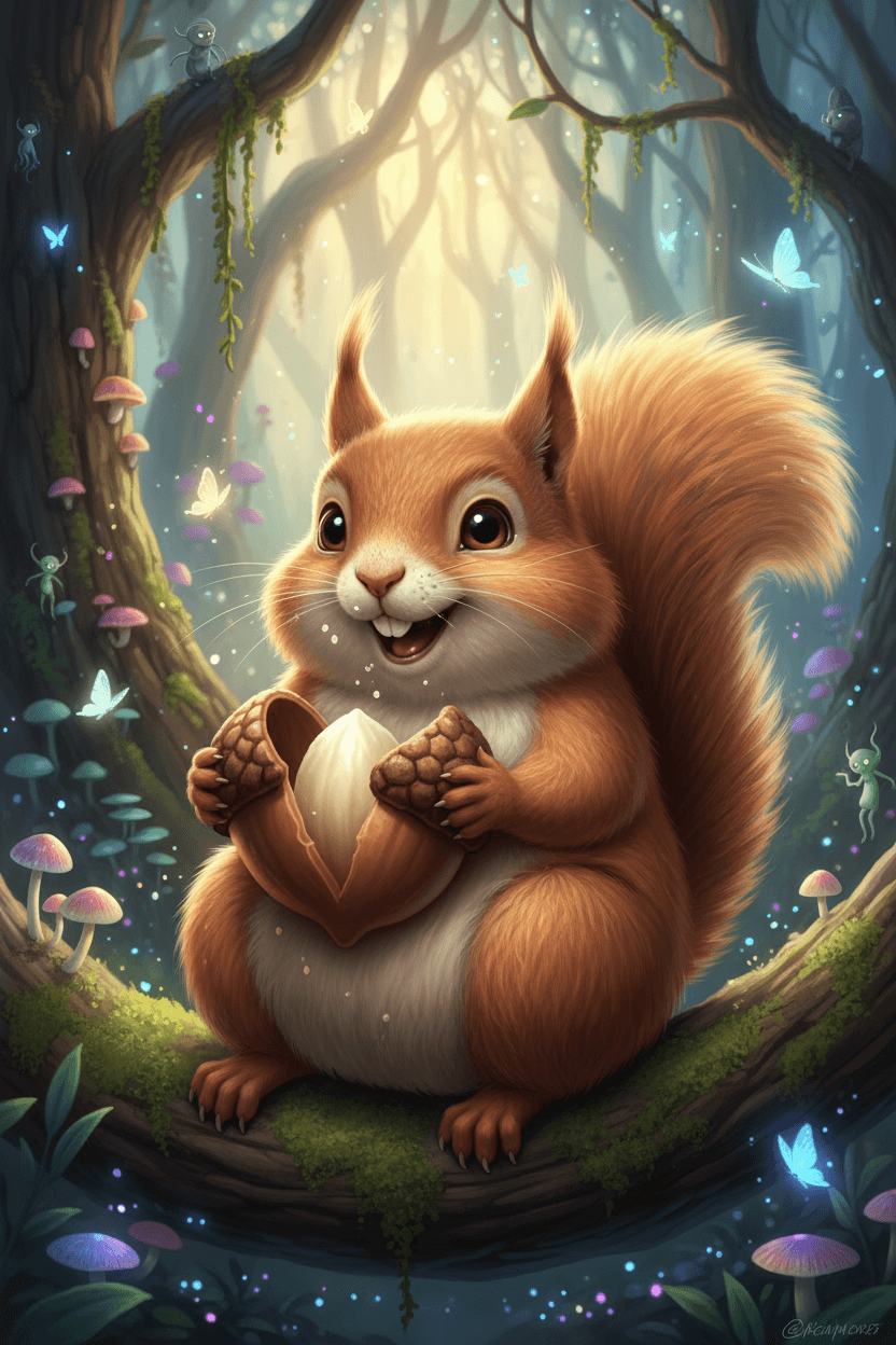 크고 완벽하게 갈라진 도토리를 즐기는 통통하고 표현력이 풍부한 다람쥐 캐릭터가 이끼 낀 나뭇가지에 편안하게 앉아있는 모습, 섬세한 마법에 걸린 숲 배경, 사실적이면서도 매우 귀여운 스타일, 부드러운 햇살.
