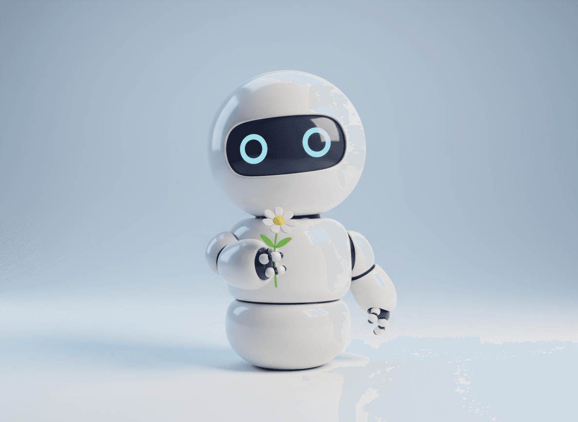 부드러운 둥근 모서리를 가진 매력적인 귀여운 로봇 캐릭터가 작은 꽃을 건네는 모습, 미니멀리스트 3D 렌더링.