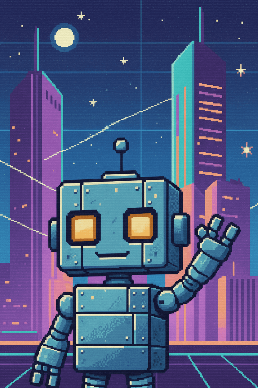 빛나는 눈을 가진 귀여운 픽셀 아트 로봇 캐릭터가 미래 도시 배경에서 손을 흔드는 모습.