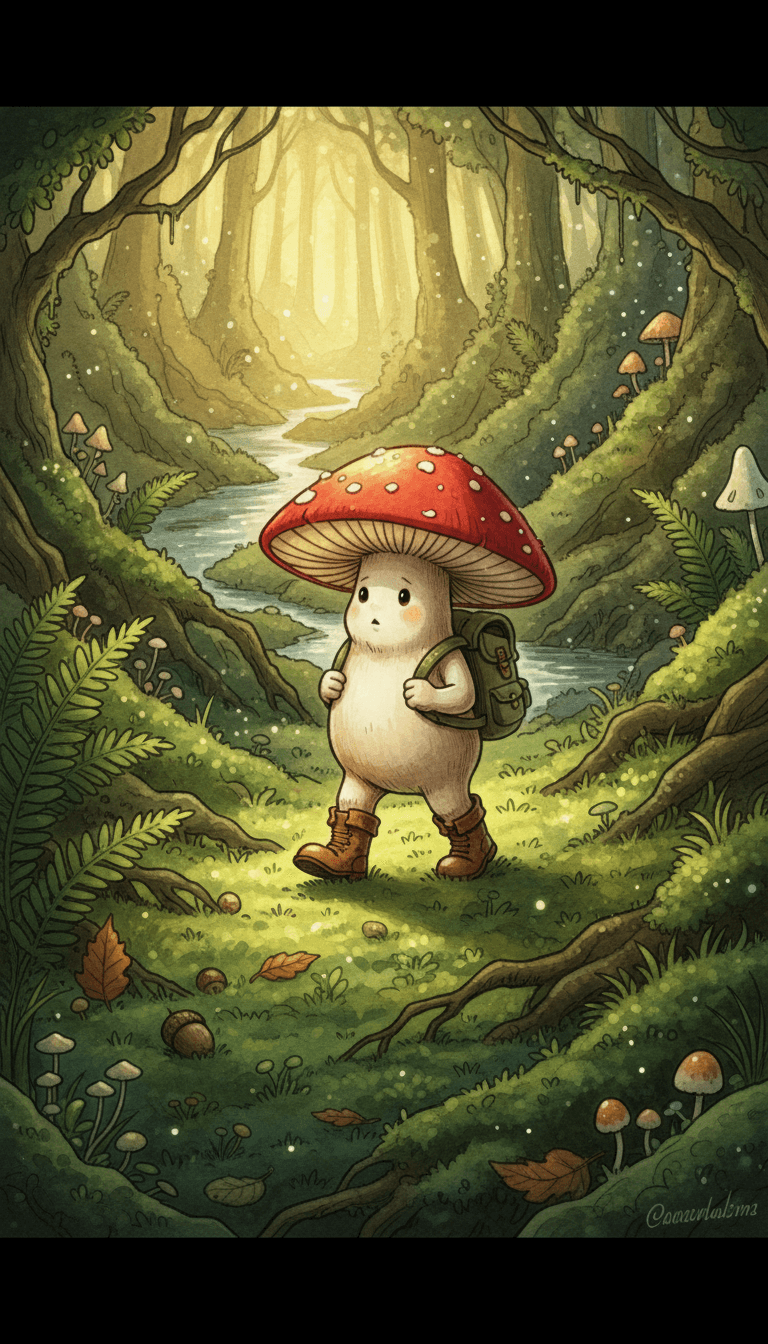 작은 부츠와 배낭을 메고 이끼 낀 숲 바닥을 탐험하는 귀여운 버섯 캐릭터.