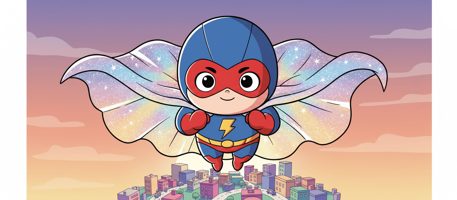 과장된 반짝이는 망토와 결연하면서도 귀여운 표정을 한 치비 스타일 슈퍼히어로 캐릭터가 미니어처 양식화된 도시 위를 나는 모습, 생생한 색상, 깔끔한 선.