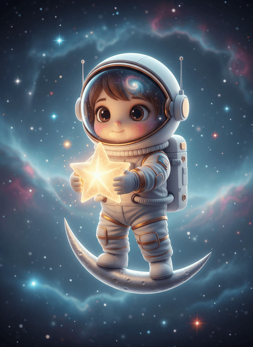 초승달 위에 서서 빛나는 별을 들고 있는 아주 귀여운 작은 우주 비행사 캐릭터, 몽환적인 우주 배경.