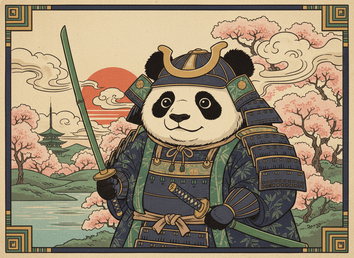 작은 대나무 검을 휘두르는 위엄 있으면서도 귀여운 사무라이 판다 캐릭터, 벚꽃 배경, 우키요에 스타일 영향.
