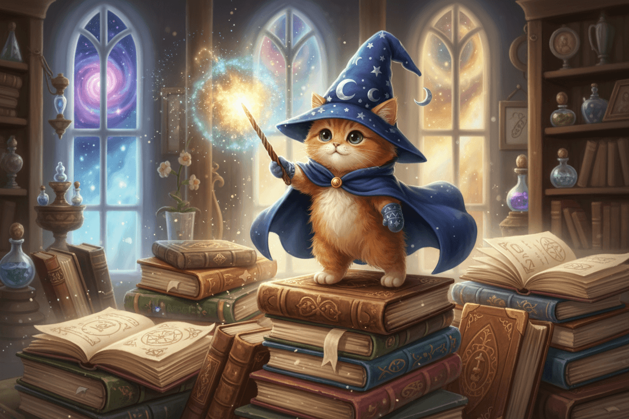 뾰족한 모자와 반짝이는 지팡이를 갖춘 작은 마법사로 변장한 사랑스러운 고양이 캐릭터가 오래된 주문 책 더미 위에 서 있는 모습, 판타지 일러스트, 마법의 빛.