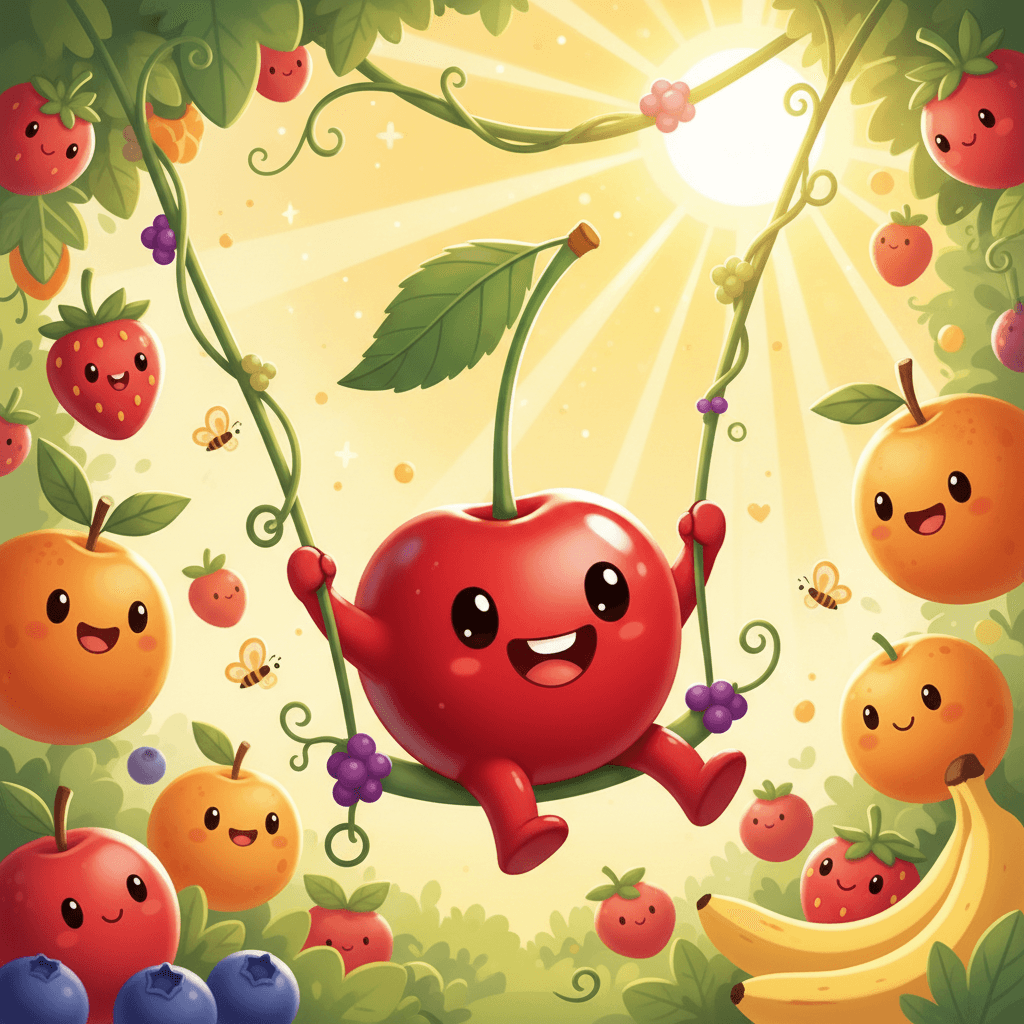 귀여운 녹색 나뭇잎 모자를 쓴 달콤한 작은 체리 캐릭터가 섬세한 덩굴에 매달려 행복하게 그네를 타는 모습, 활짝 웃는 얼굴, 다른 과일들이 있는 생생한 햇살 가득한 배경, 밝고 즐거운 일러스트, 기발한 정원.