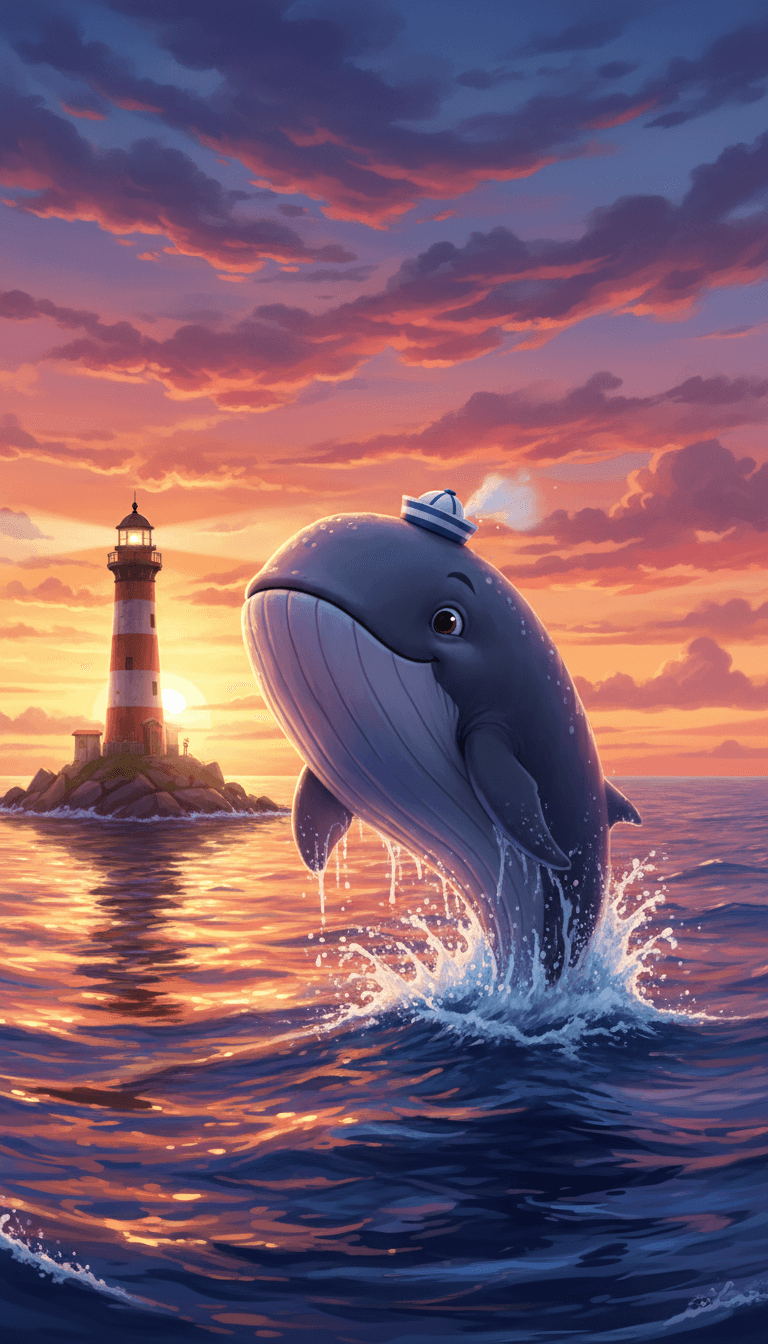 작은 선원 모자를 쓴 호기심 많은 귀여운 고래 캐릭터가 일몰 시 등대 근처에서 장난스럽게 물 밖으로 튀어 오르는 모습, 선명한 색상.
