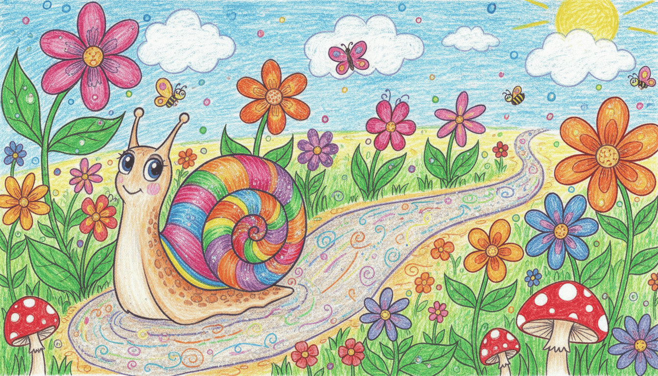 생생하고 다채로운 소용돌이껍질을 가진 귀여운 달팽이 캐릭터가 길고 반짝이는 글리터 흔적을 남기며, 커다란 꽃들로 가득 찬 무성하고 섬세한 정원을 기어가는 모습, 아동미술 스타일.