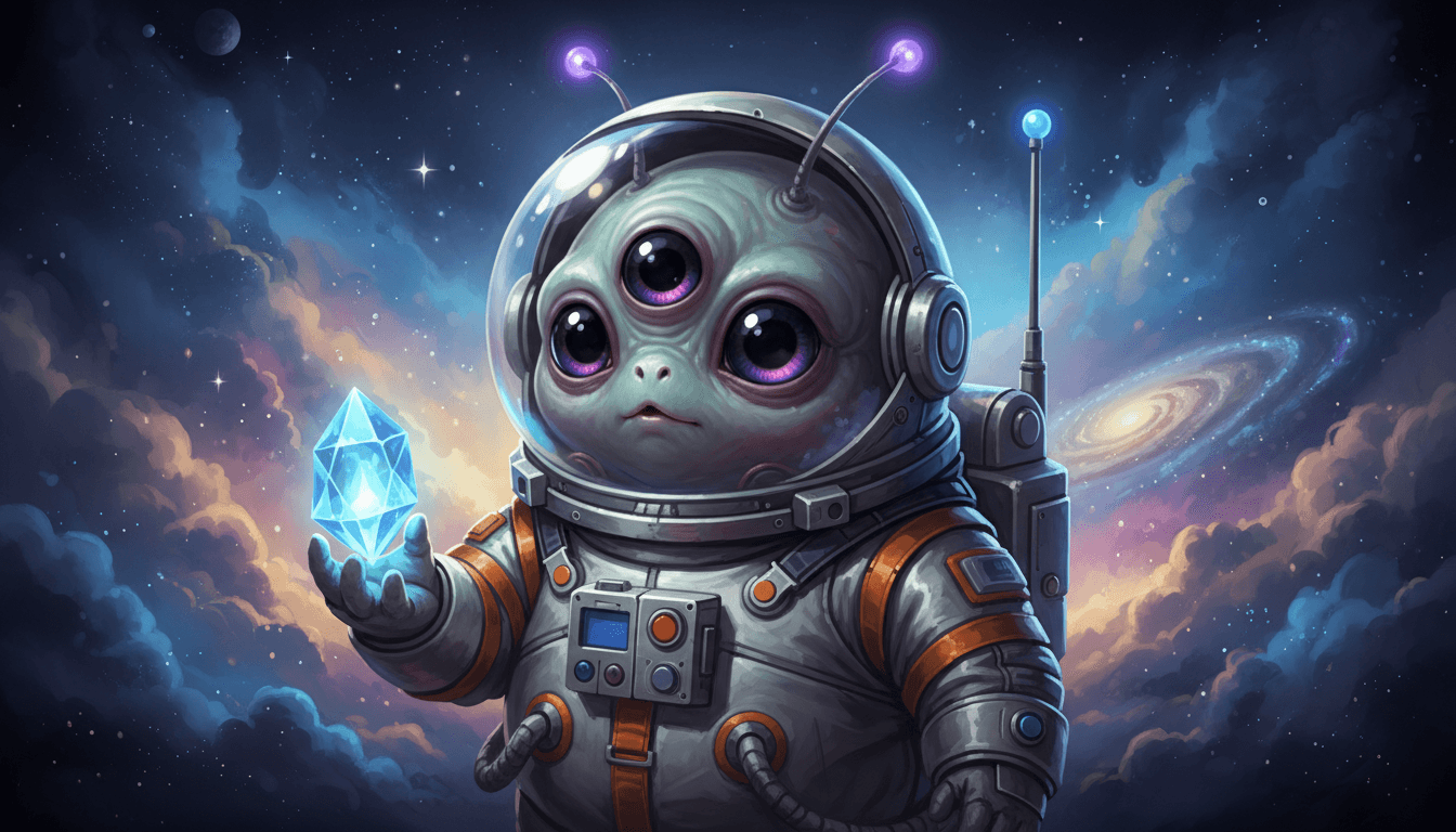 세 개의 큰 눈을 가진 귀여운 외계인 캐릭터가 우주 헬멧을 쓰고 빛나는 수정체를 들고 있는 모습.