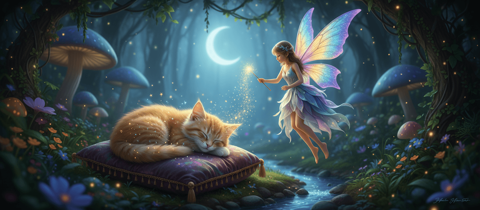 반짝이는 날개를 가진 우아하고 귀여운 요정 캐릭터가 잠자는 아기 고양이에게 마법 가루를 뿌리는 모습, 판타지 밤 장면.