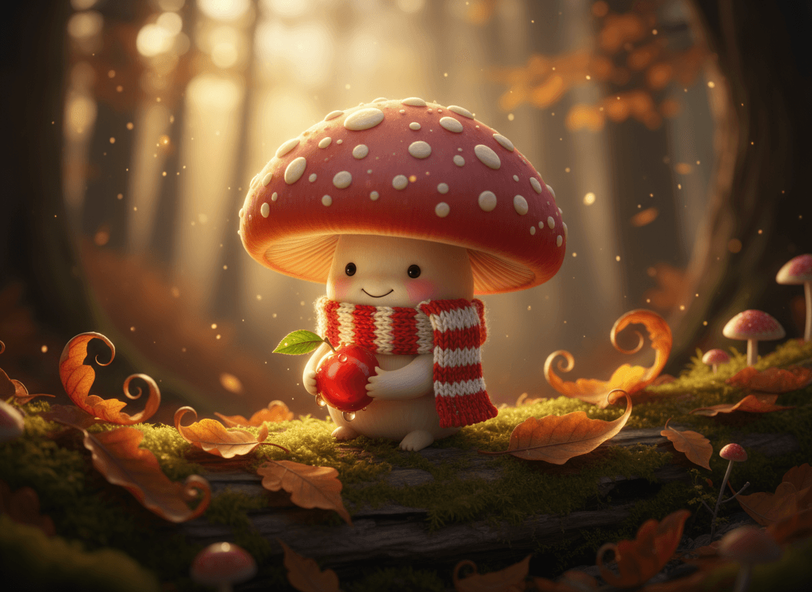 작은 빨간색과 흰색 줄무늬 뜨개 스카프를 두른 귀여운 아기 버섯 캐릭터가 반짝이는 숲속 열매를 들고 있는 모습, 가을 잎사귀가 가득한 마법에 걸린 숲 배경, 따뜻한 조명, 아늑한 느낌.