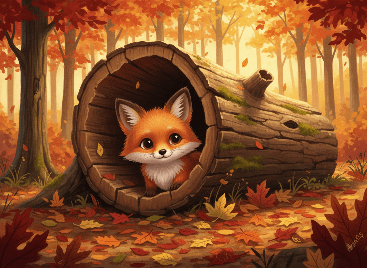 속이 빈 나무통에서 빼꼼히 내다보는 호기심 많은 귀여운 여우 캐릭터, 가을 숲, 따뜻한 색감, 일러스트레이션 스타일.