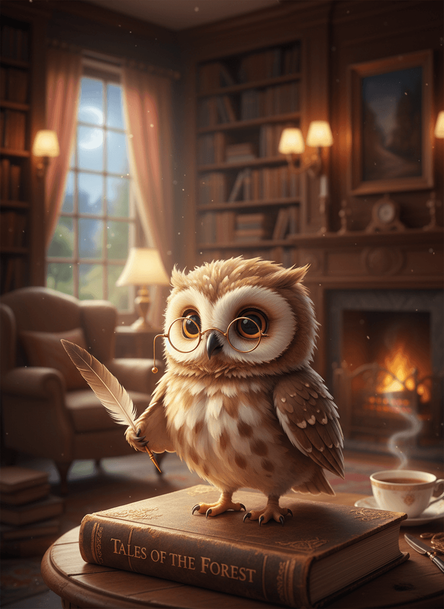 작은 안경을 쓰고 책 위에 앉아 있는 호기심 많은 귀여운 작은 올빼미 캐릭터, 아늑한 도서관 분위기, 따뜻한 조명.