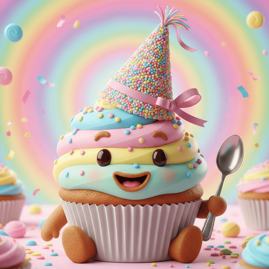 스프링클을 모자처럼 쓰고 작은 숟가락을 들고 있는 쾌활한 귀여운 컵케이크 캐릭터, 생동감 있는 색상.