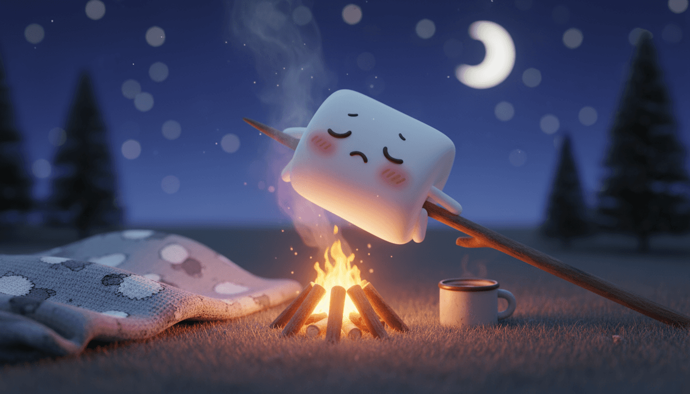 작은 모닥불 위에서 구워지는 졸린 귀여운 마시멜로 캐릭터, 아늑한 밤 풍경, 부드러운 빛.